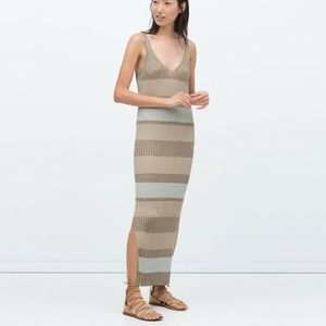 ZARA Brown Knit Striped Maxi Dress Side Slits L